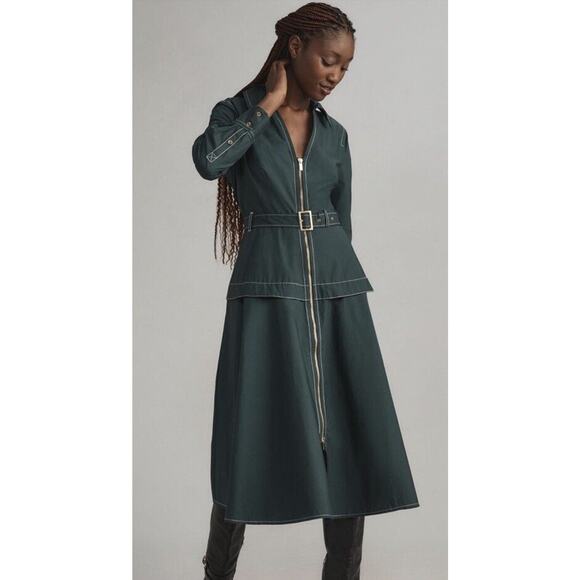 Anthropologie Long-Sleeve Belted Front-Zip Midi Dress Size Small Green - Picture 1 of 11